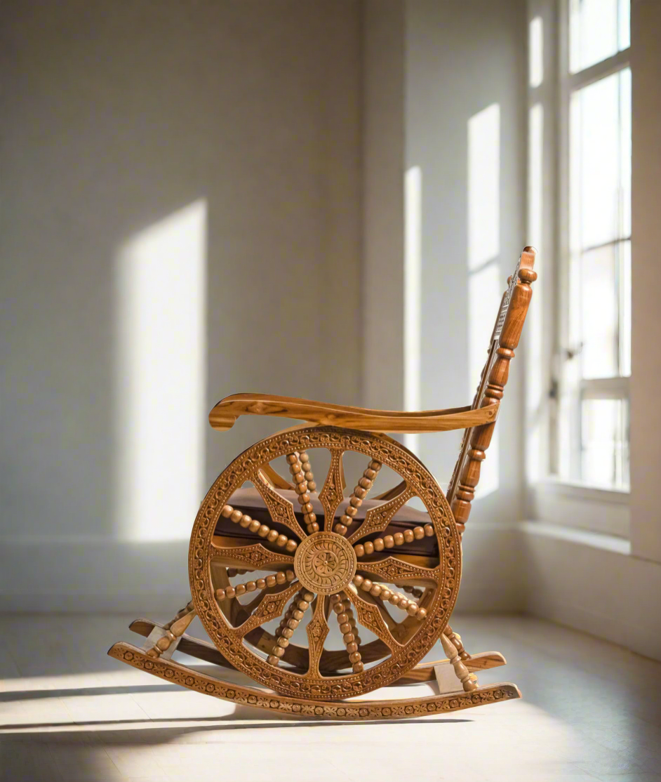 Handcrafted Luxury Wooden Rocking Chair with Intricate Carvings & Premium Upholstery