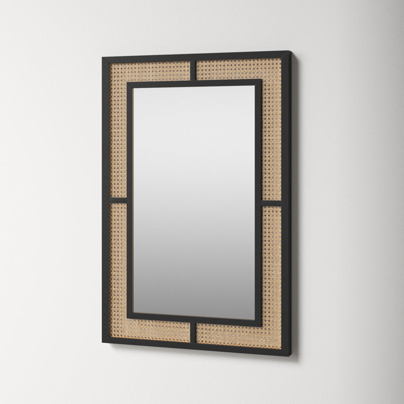 Rectangular Rattan-Inlay Wall Mirror - Modern Farmhouse Accent Mirror