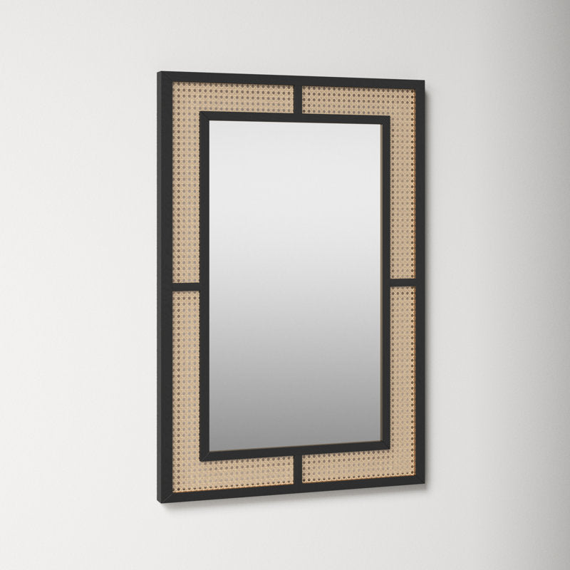 Rectangular Rattan-Inlay Wall Mirror - Modern Farmhouse Accent Mirror