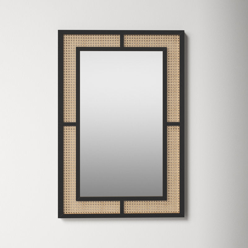 Rectangular Rattan-Inlay Wall Mirror - Modern Farmhouse Accent Mirror