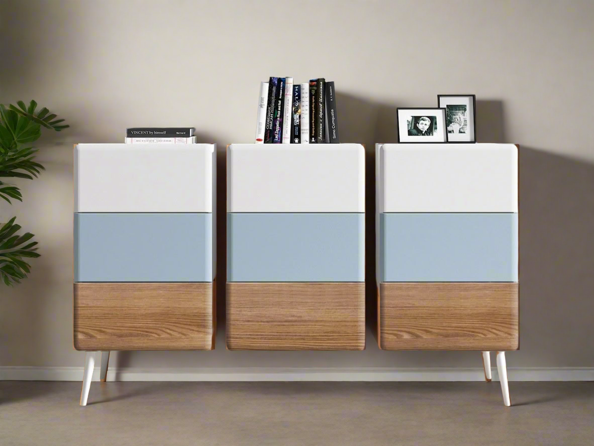 (Exclusive) - Modern Minimalist Cabinet with Blue and Wood Accents - Stylish Storage Solution