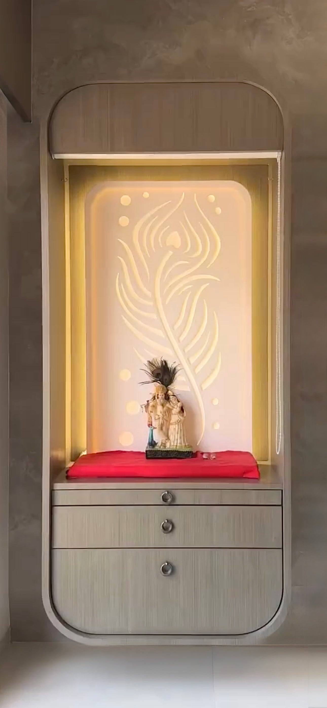 Modern Design Laminated Pooja Mandir with Corian LED Backlit Krishna Feather Peacock Design – Wall-Mounted Home Temple for Worship & Décor