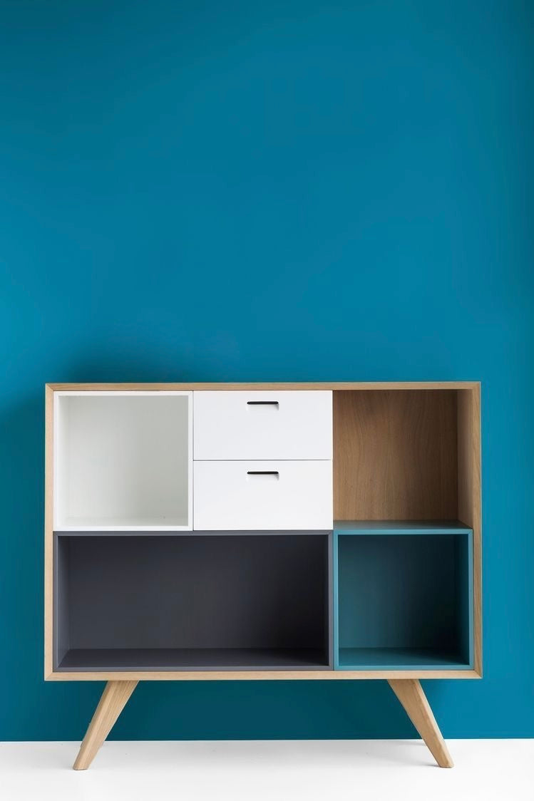 Modern Wooden Multi-Compartment Cabinet with White, Grey, and Blue Storage for Stylish Interiors | Luxury Scandinavian-Inspired Wooden Cabinet with Multi-Toned Storage for Sophisticated Living Spaces