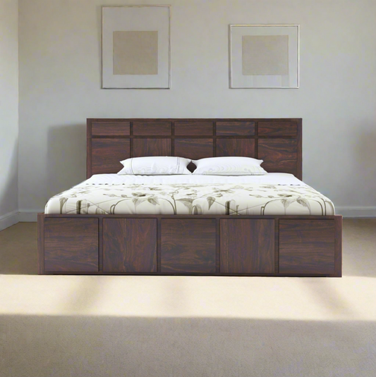 Solid Wood King Size Bed with Headboard and Storage | Elegant Dark Finish Modern Design - Modern Wooden Double Bed with Storage and Minimalist Design