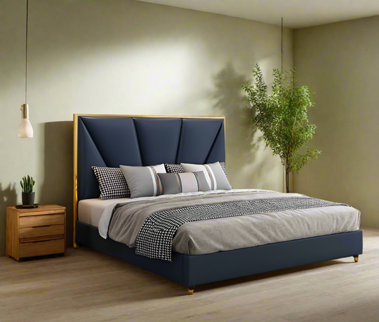 Luxury Navy Blue King Size Bed with Upholstered Headboard | Modern Double Bed with Gold Accents