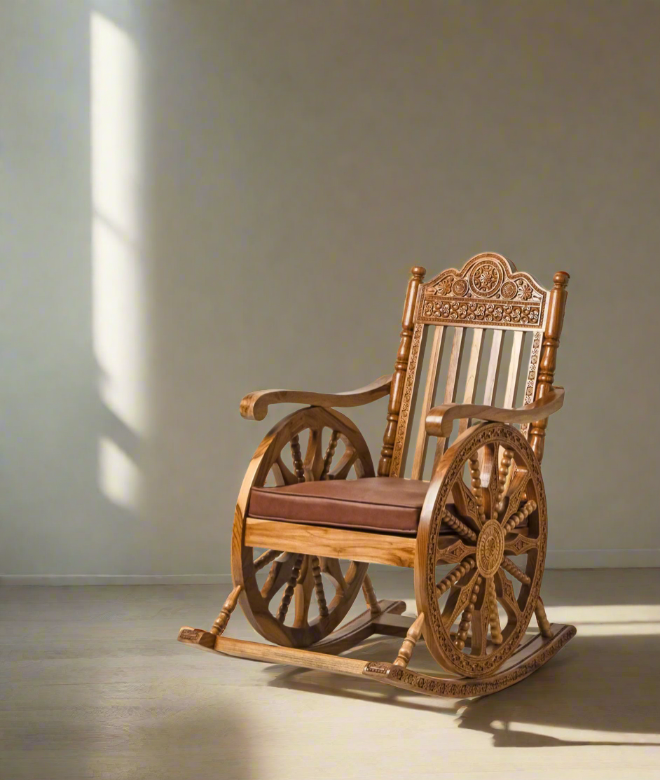 Handcrafted Luxury Wooden Rocking Chair with Intricate Carvings & Premium Upholstery