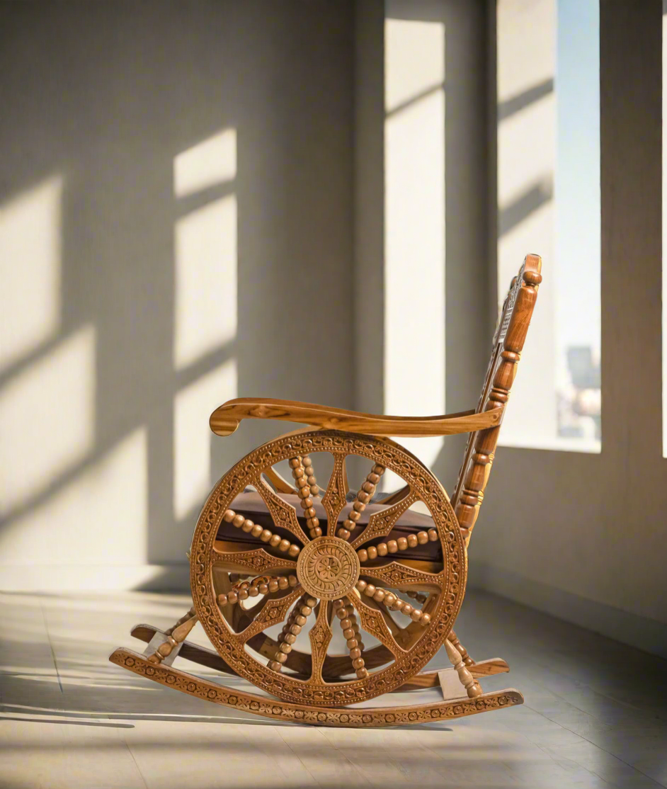 Handcrafted Luxury Wooden Rocking Chair with Intricate Carvings & Premium Upholstery