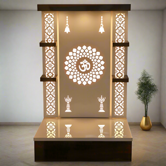 Pooja Mandir Wooden Temple White LED Light for Home and Office - Elegant Pooja Mandir with Om Design and LED Lighting