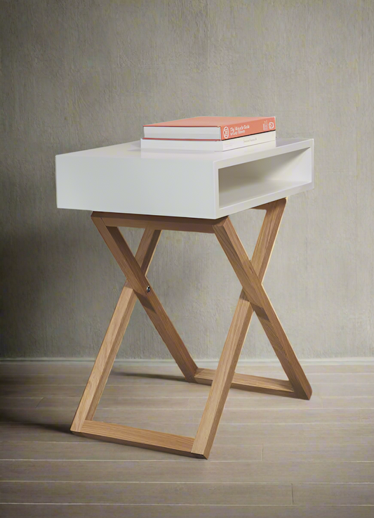 Cross Leg Bedside Table White With Natural Wood | Contemporary White Bedside Table with Wooden Cross-Leg Design and Open Storage