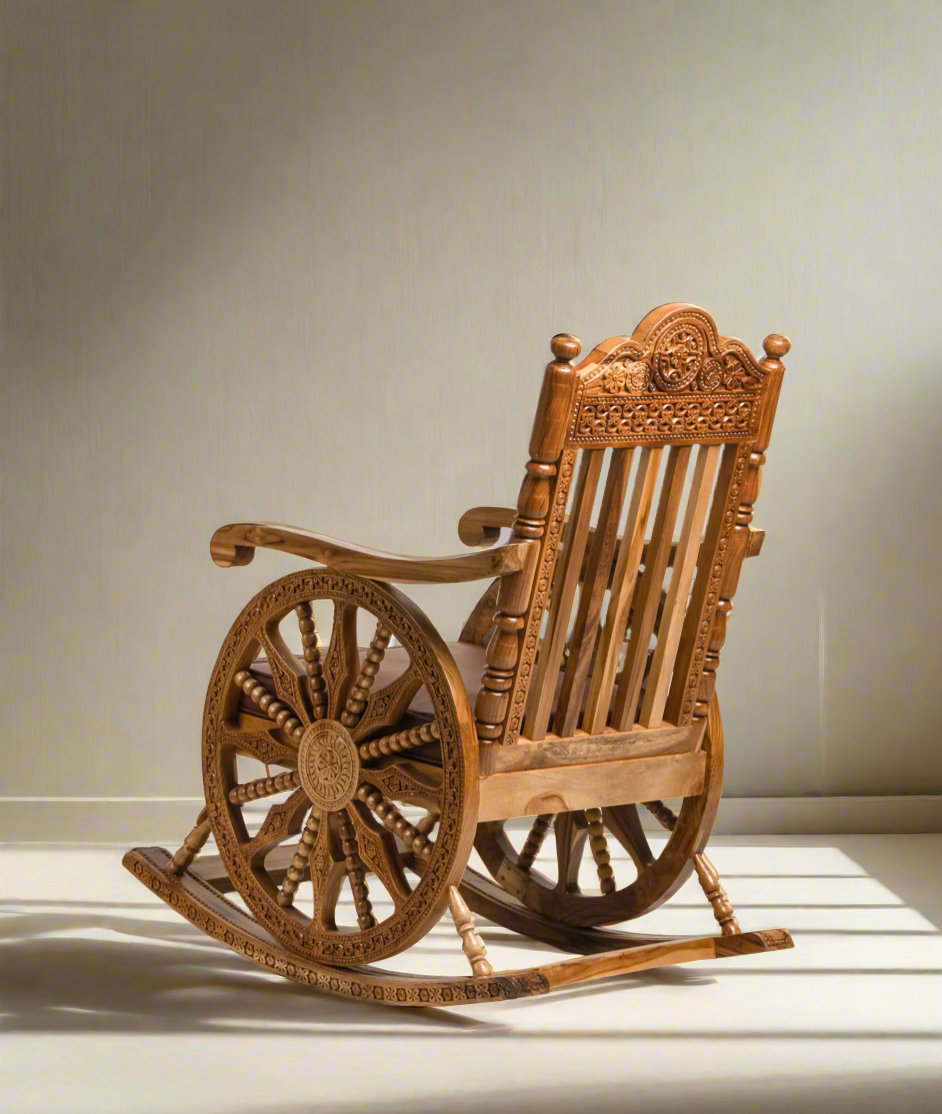 Handcrafted Luxury Wooden Rocking Chair with Intricate Carvings & Premium Upholstery