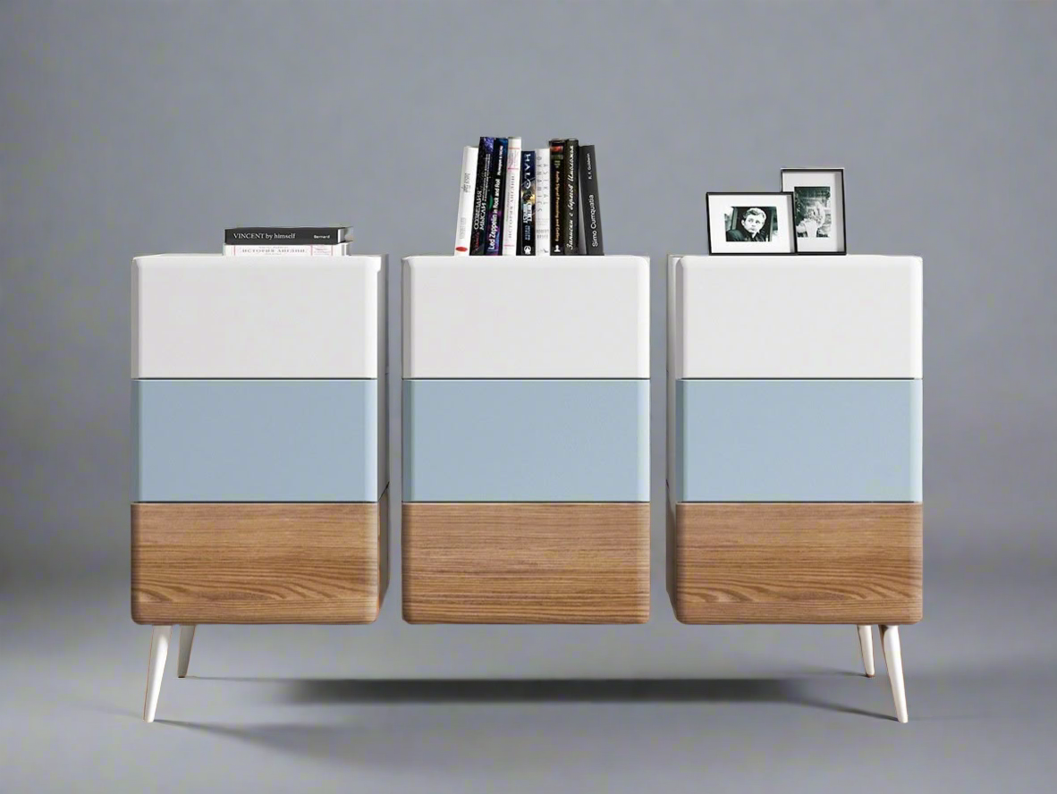 (Exclusive) - Modern Minimalist Cabinet with Blue and Wood Accents - Stylish Storage Solution