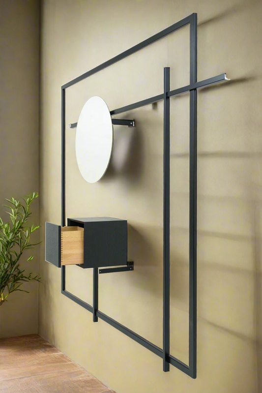 Modern Minimalist Wall Art Shelf with Mirror and Wooden Drawer – Sleek Home Décor Solution