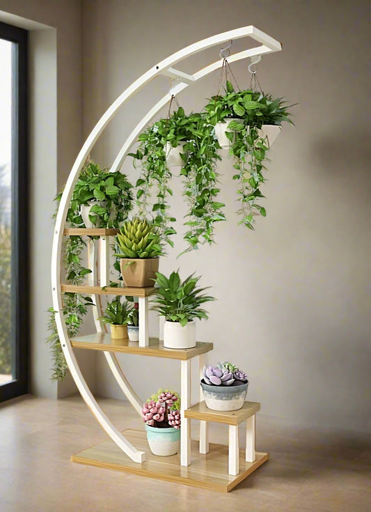 Modern Multi-Tier Wooden Plant Stand with Hanging Planters for Indoor Decor