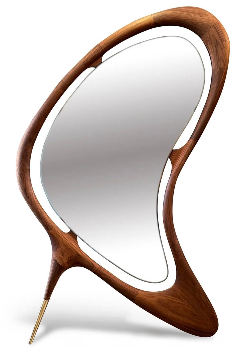 Modern Sculptural Wood Frame Mirror with Steel Leg – Artistic Accent Mirror | Luxury Handcrafted Sculptural Floor Mirror-Handcrafted Statement Piece for Luxury Interiors