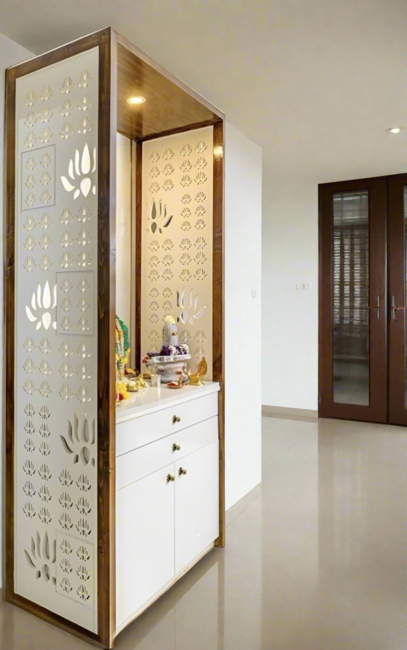 Contemporary pooja unit with white cabinet drawers and decorative side panels