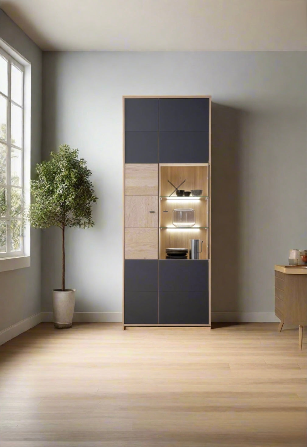 Modern Design Two-Tone Cabinet with LED Lighting and Versatile Storage for Home Decor