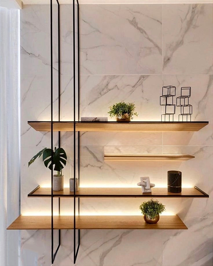 LED Illuminated Metal & Teakwood Wall Mount Shelf/Shelves