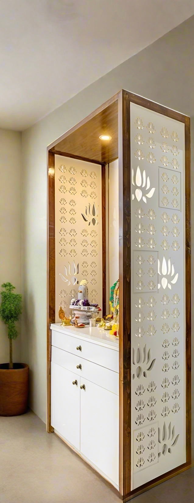 Luxury Wooden Pooja Mandir with Large Side Corian Jali & Storage | Modern Home Temple | Modern Wooden Pooja Mandir with Large Corian Jali Panels & Storage Cabinets