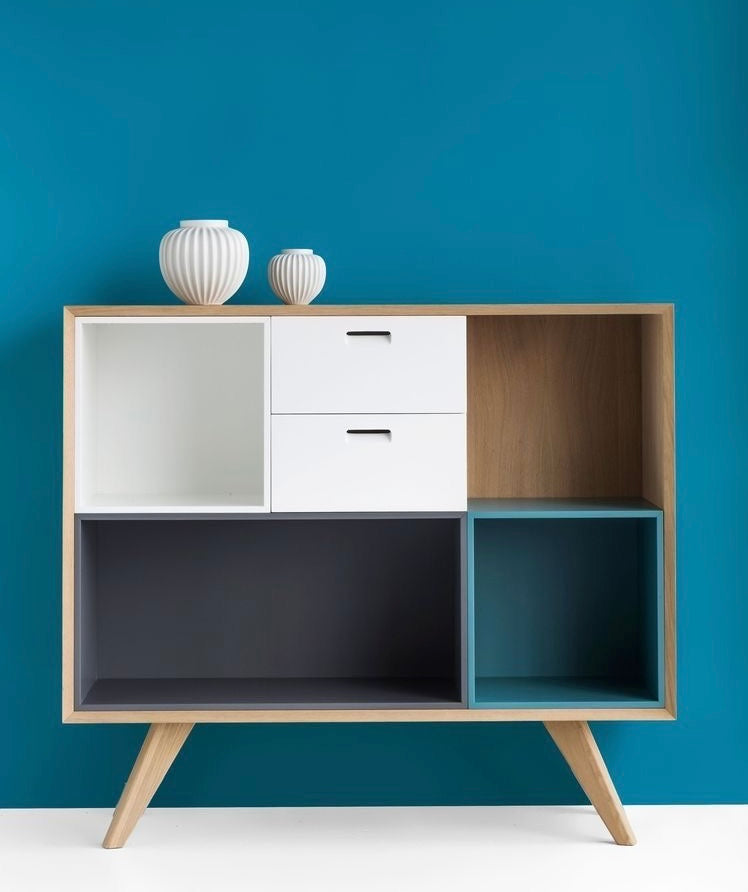 Modern Wooden Multi-Compartment Cabinet with White, Grey, and Blue Storage for Stylish Interiors | Luxury Scandinavian-Inspired Wooden Cabinet with Multi-Toned Storage for Sophisticated Living Spaces