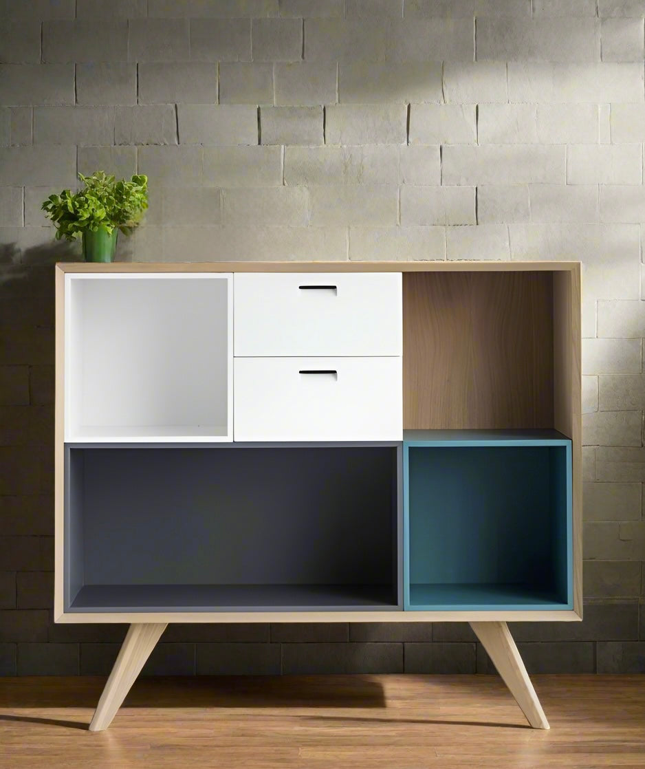 Modern Wooden Multi-Compartment Cabinet with White, Grey, and Blue Storage for Stylish Interiors | Luxury Scandinavian-Inspired Wooden Cabinet with Multi-Toned Storage for Sophisticated Living Spaces