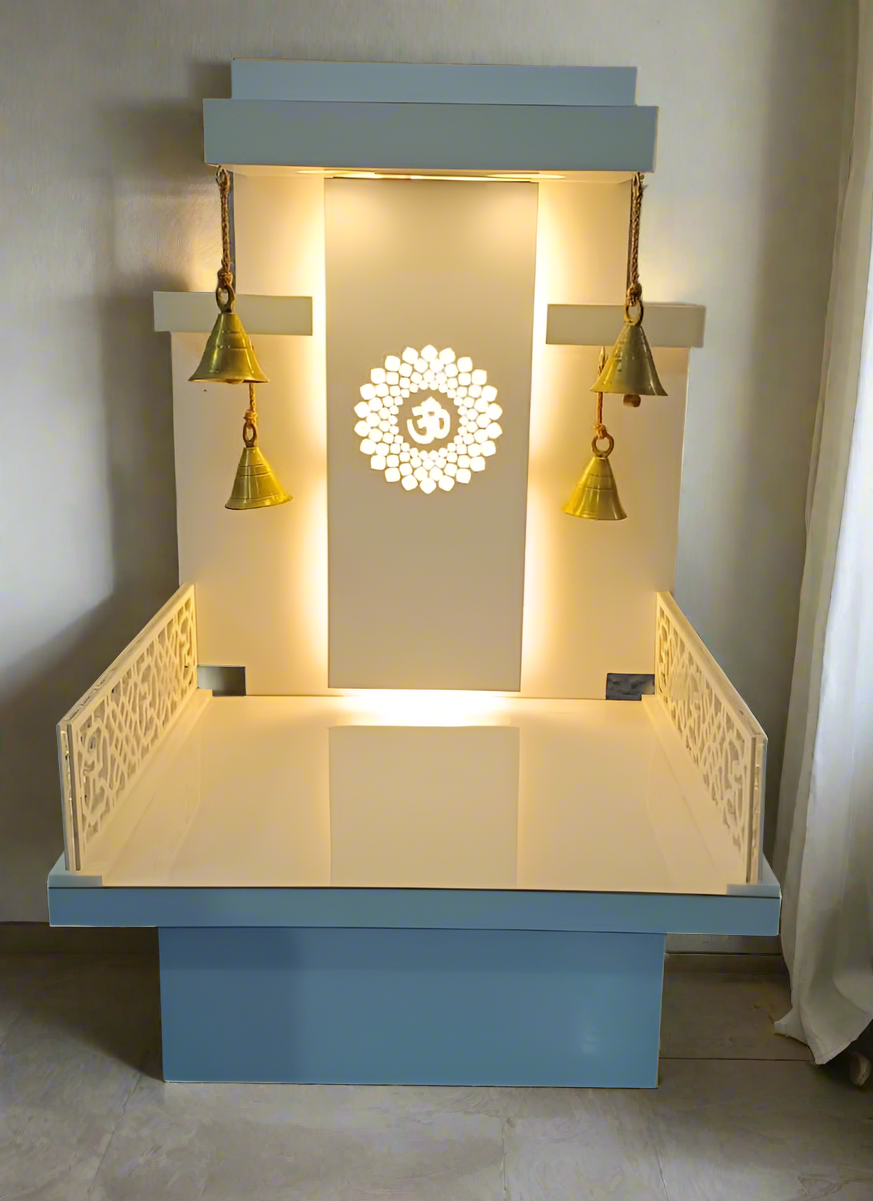 Modern Design Pooja Mandir with LED Lighting and Brass Bells - Elegant Home Temple Design - Pooja Mandir Wooden Temple White LED Light for Home and Office (48 Inches)