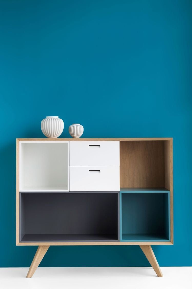 Modern Wooden Multi-Compartment Cabinet with White, Grey, and Blue Storage for Stylish Interiors | Luxury Scandinavian-Inspired Wooden Cabinet with Multi-Toned Storage for Sophisticated Living Spaces