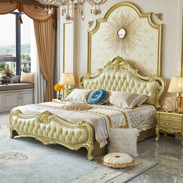 This Royal light Greenish Gold Finish luxury carved wooden bed makes your bedroom luxurious.
