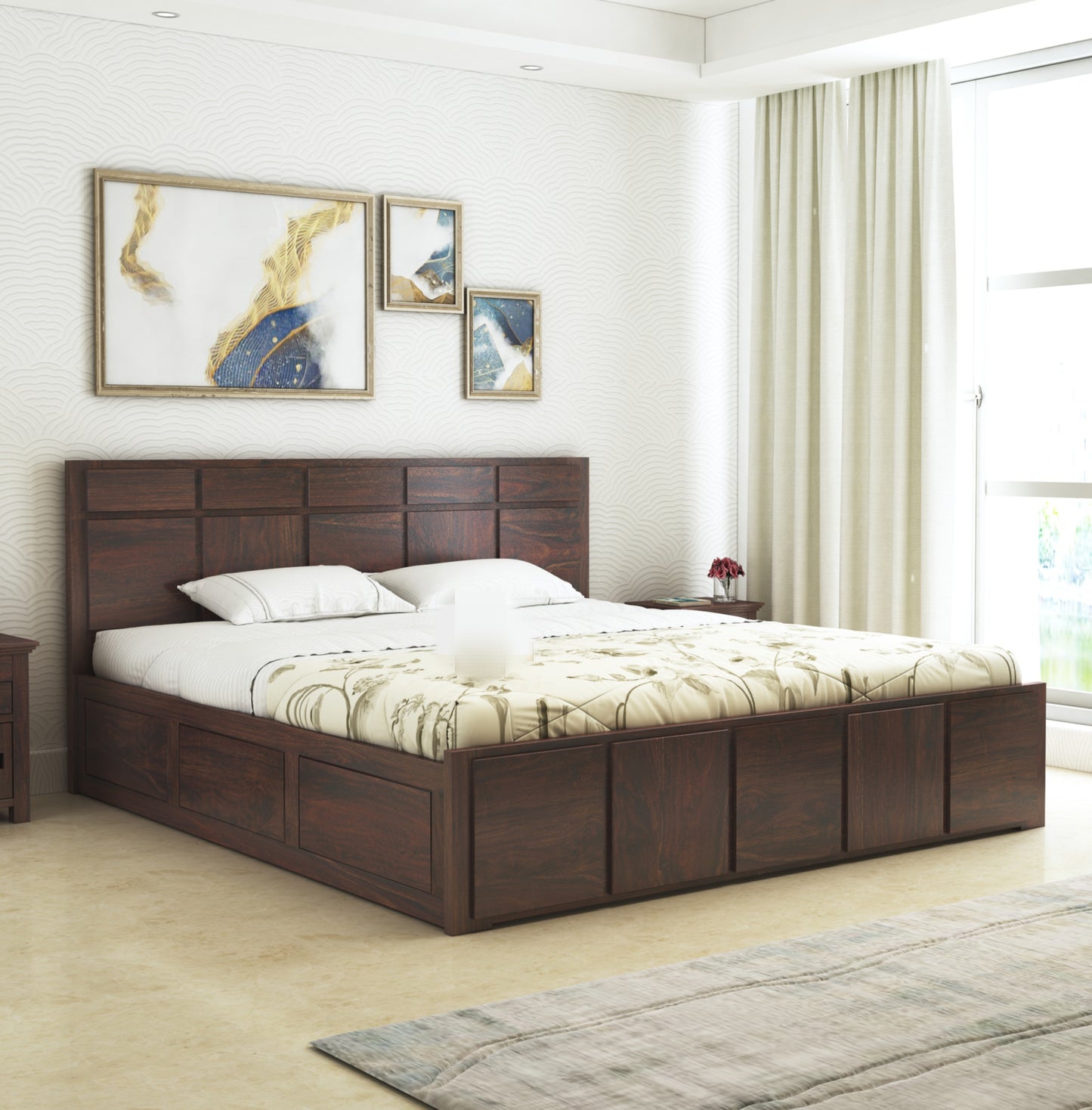 Sheesham Square Design Wooden Double Bed With Box Storage