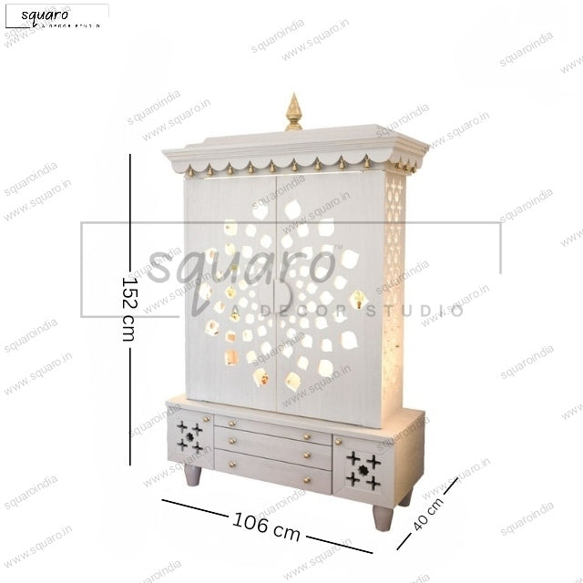 White PU Finish Wooden Pooja Mandir with Intricate Designed & Pure Brass Accents
