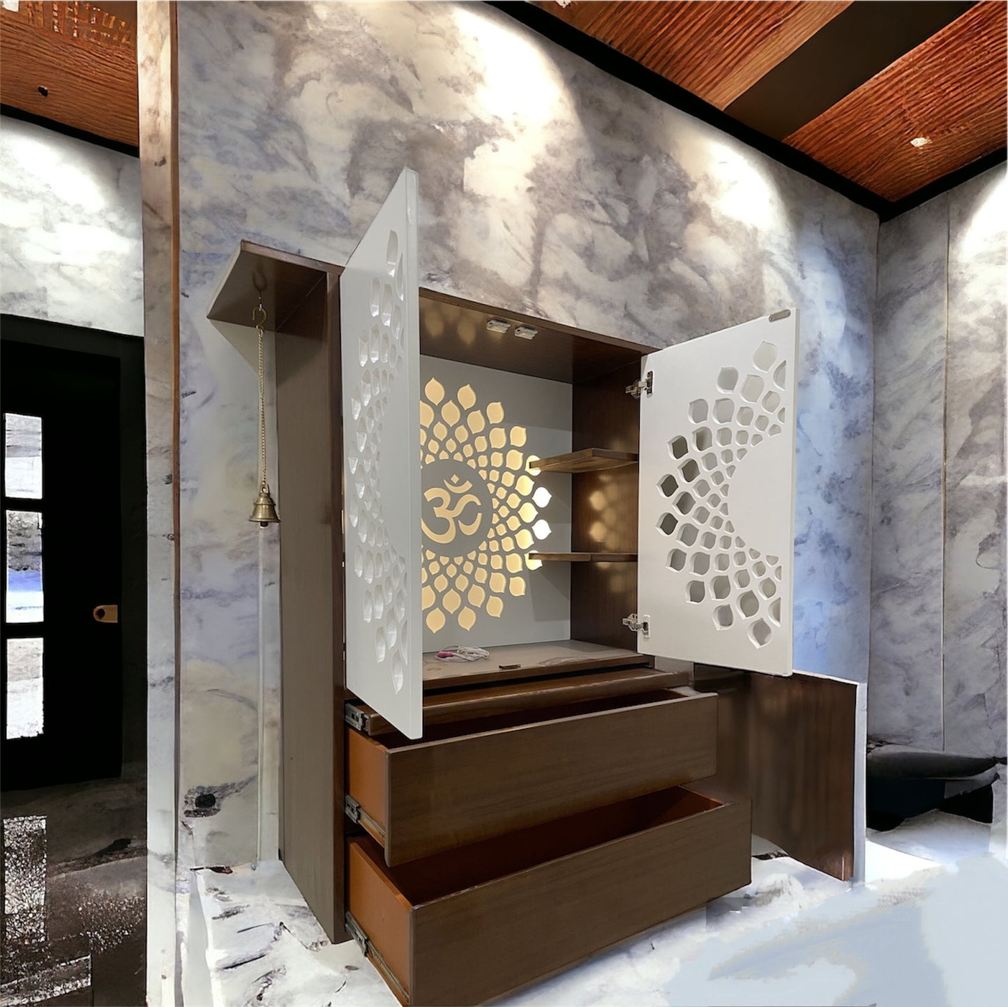 Modern Design Home Teak Pooja Mandir Brown & White With Door (48×36)
