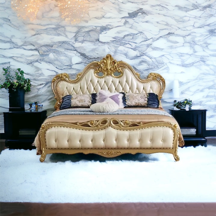 This Royal Cream finish luxury carved wooden bed makes your bedroom luxurious