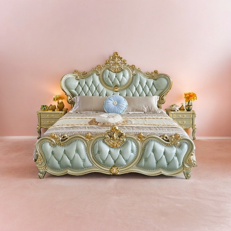 This Royal light blueish finish luxury carved wooden bed makes your bedroom luxurious