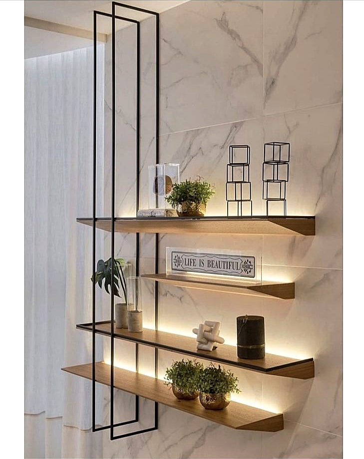 LED Illuminated Metal & Teakwood Wall Mount Shelf/Shelves