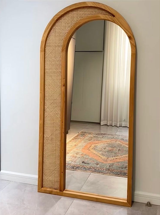 Arched Teakwood Rattan Floor Mirror | Boho Full-Length Mirror