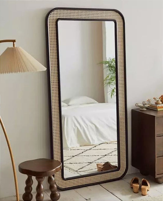 Sunburst Rectangular Teakwood Rattan Wall Mirror | Bohemian Accent Décor