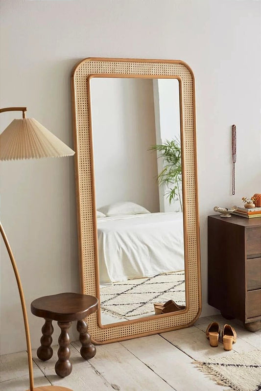 Rectangular Rattan Cane Floor Mirror | Boho-Chic Natural Decor