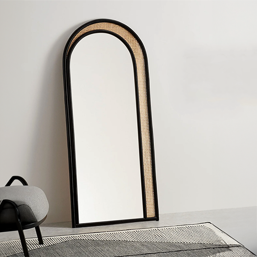 Arched Teakwood Black Rattan Floor Mirror | Boho Full-Length Mirror