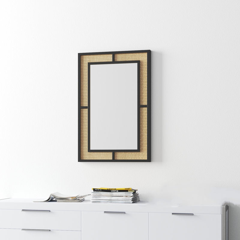 Rectangular Rattan-Inlay Wall Mirror - Modern Farmhouse Accent Mirror