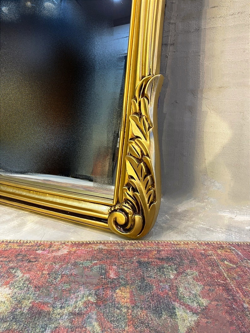 This Luxurious Full-Length Mirror Featuring a Regal Gold Frame Adorned with Intricate Baroque Detailing