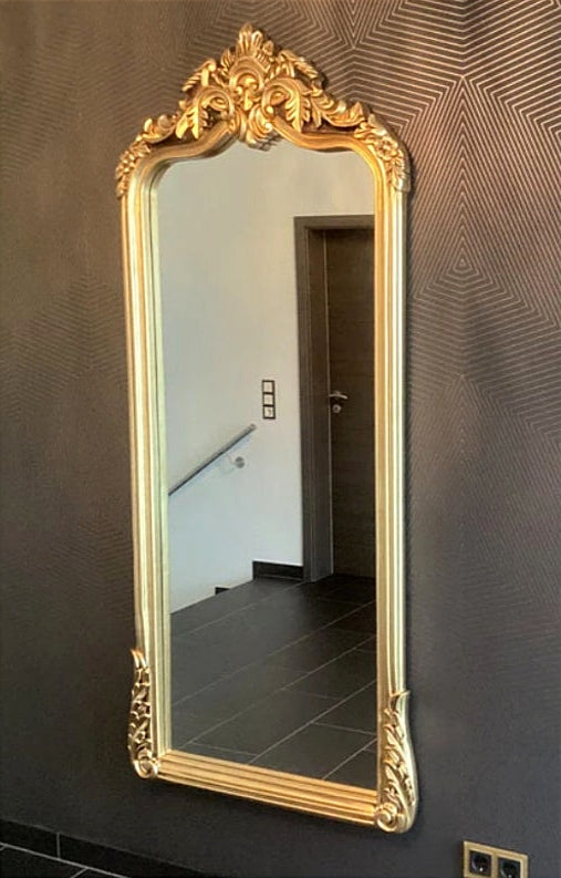 This Luxurious Full-Length Mirror Featuring a Regal Gold Frame Adorned with Intricate Baroque Detailing