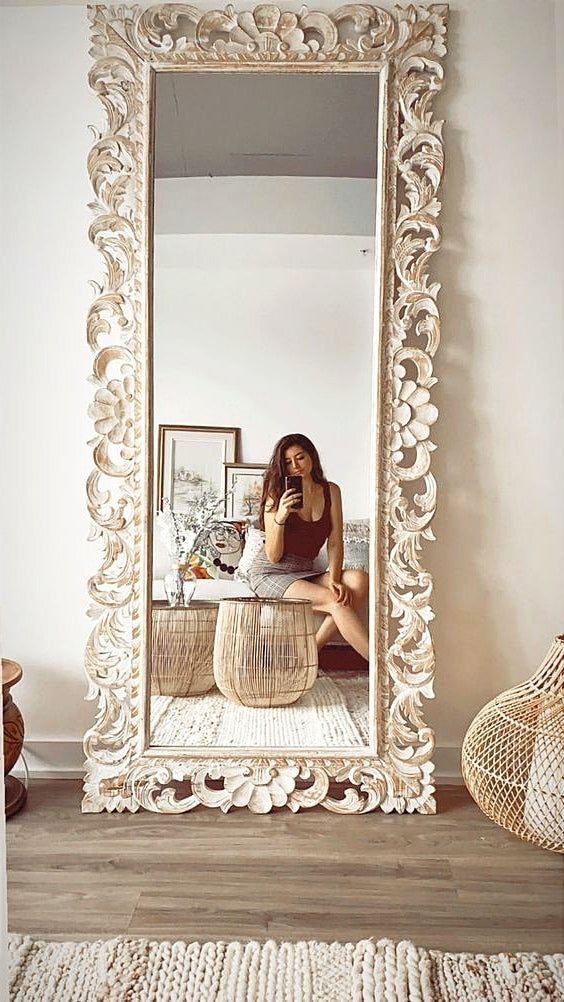 This Stunning Full-Length Ornate Mirror Featuring An Intricately Carved, Vintage-Inspired Frame in a Luxurious Ivory Finish