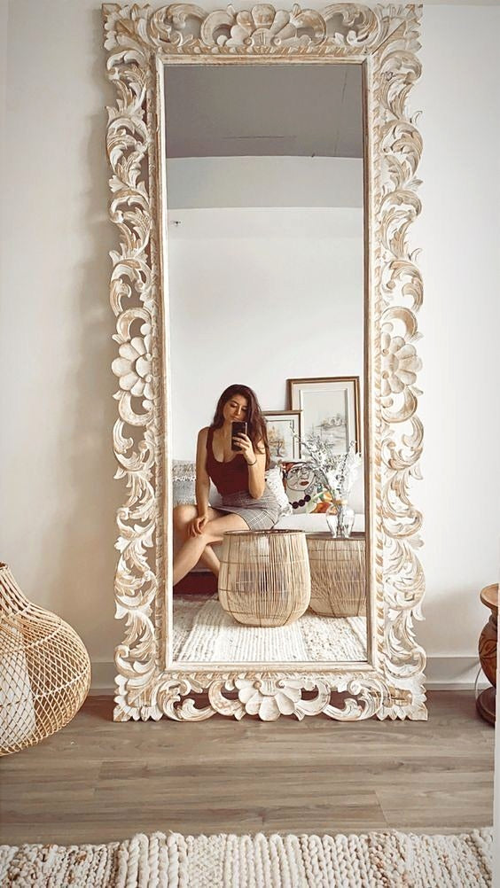 This Stunning Full-Length Ornate Mirror Featuring An Intricately Carved, Vintage-Inspired Frame in a Luxurious Ivory Finish