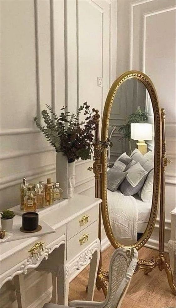 This Exquisite Vintage Inspired Standing Mirror - This Elegant Full-Length Mirror is Beautifully Framed in a Luxurious Gold Finish