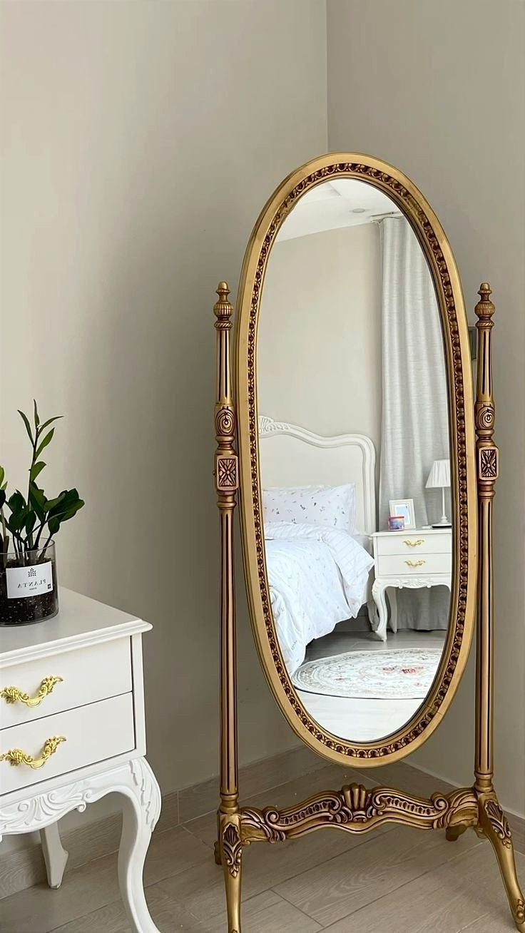 This Exquisite Vintage Inspired Standing Mirror - This Elegant Full-Length Mirror is Beautifully Framed in a Luxurious Gold Finish