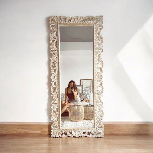 This Stunning Full-Length Ornate Mirror Featuring An Intricately Carved, Vintage-Inspired Frame in a Luxurious Ivory Finish