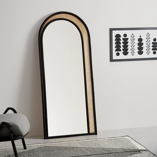 Arched Teakwood Black Rattan Floor Mirror | Boho Full-Length Mirror