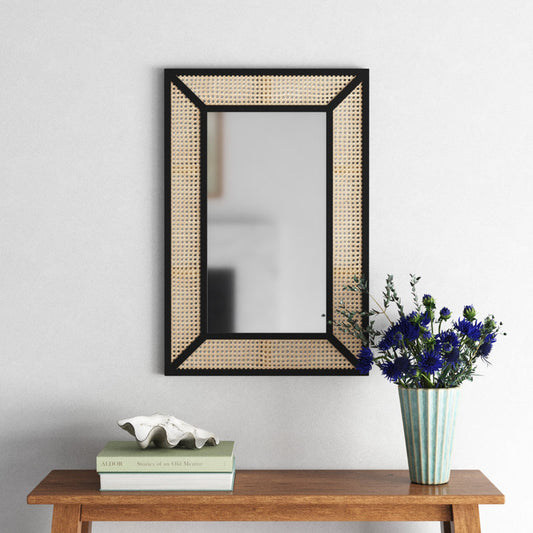 Rectangular Rattan Accent Wall Mirror - Rustic Black Frame Home Decor