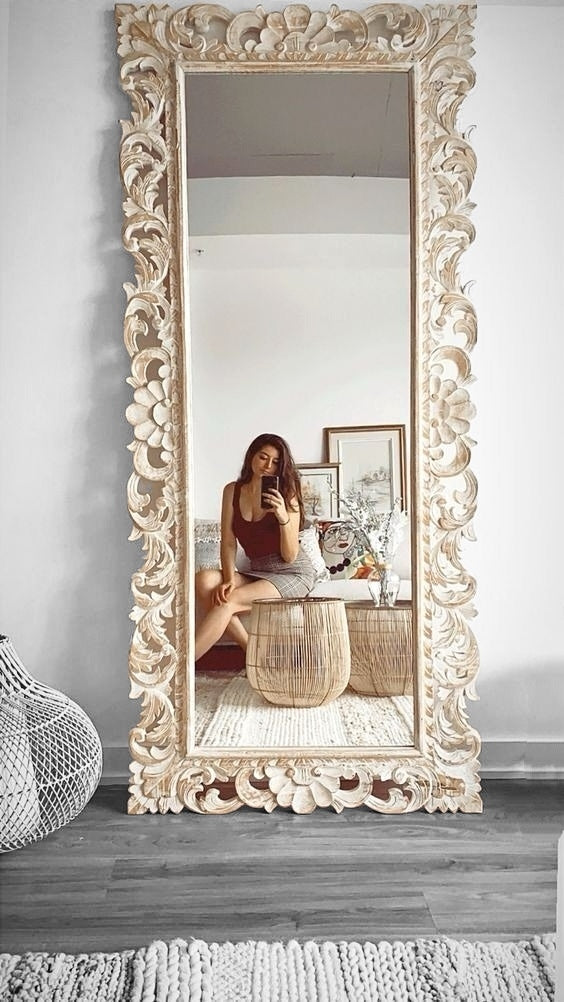 This Stunning Full-Length Ornate Mirror Featuring An Intricately Carved, Vintage-Inspired Frame in a Luxurious Ivory Finish