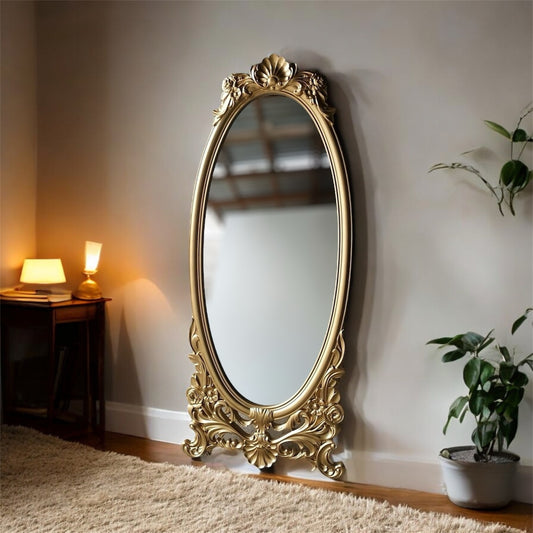 This Luxurious Gold Accent Wall Floor Mirror - Featuring An Elegant Oval Design