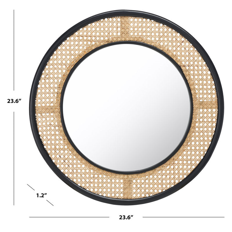 Round Rattan Wall Mirror with Black Frame - Boho-Chic Accent for Home Decor